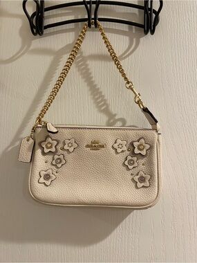 Coach Cream Floral Appliqué Leather Mini Bag with Gold Chain